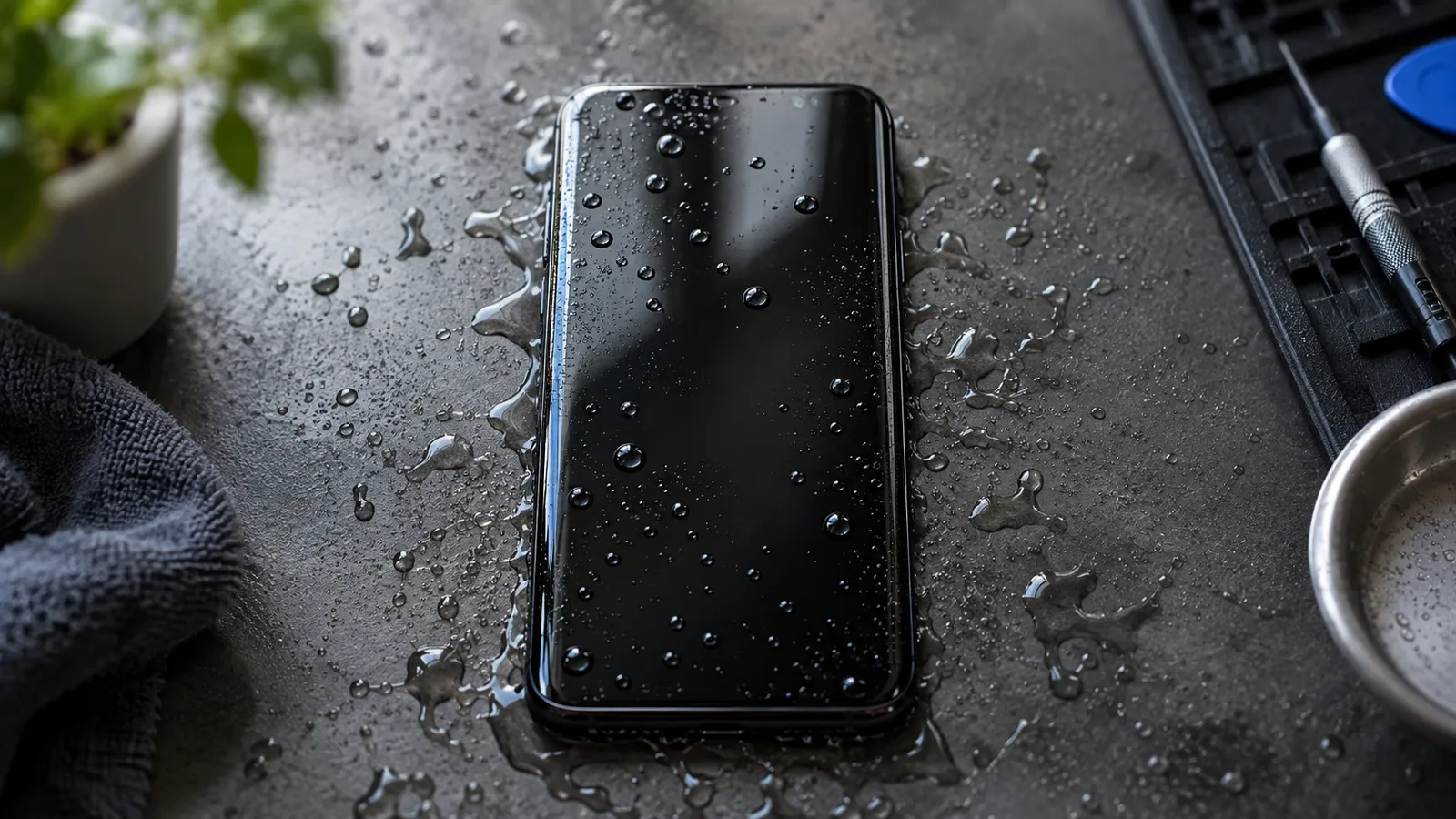 Celular mojado con gotas de agua sobre la pantalla