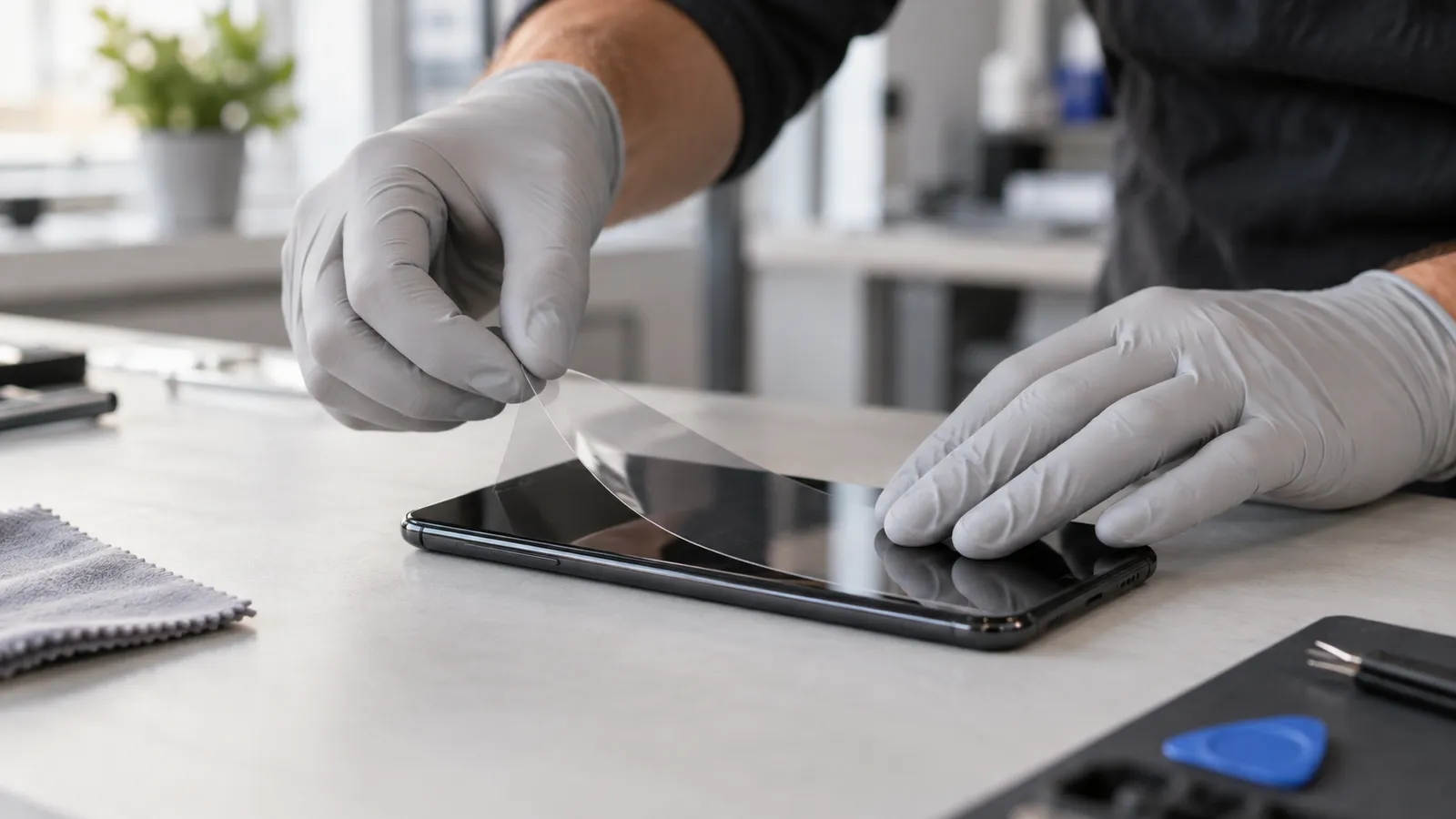 Técnico colocando una lámina de hidrogel en la pantalla de un celular