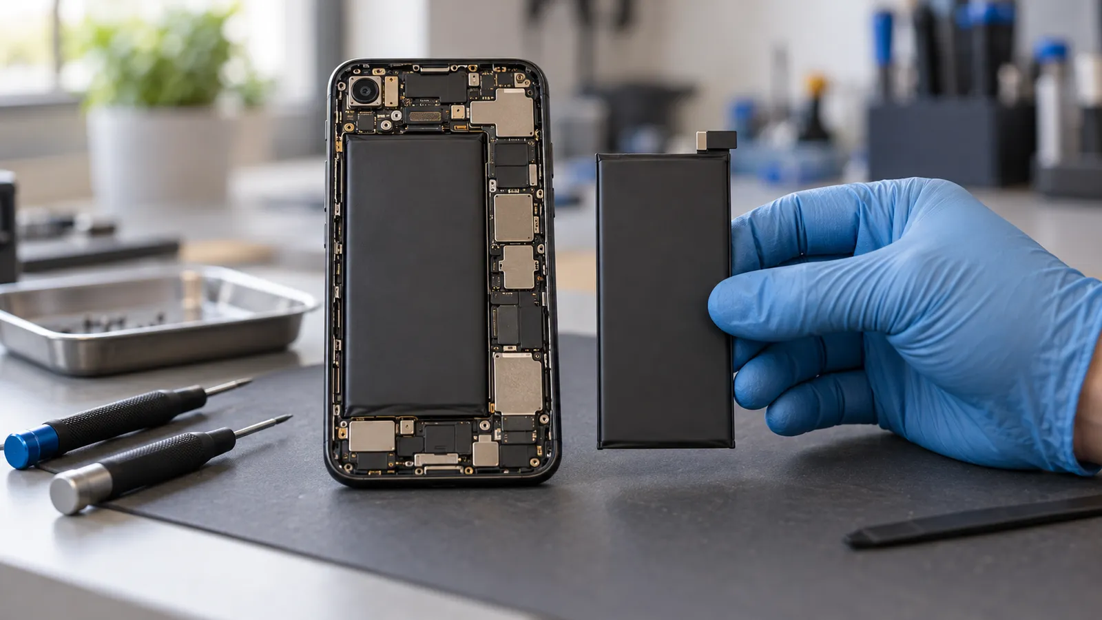 Cambio de batería de iPhone en el taller: equipo abierto y batería nueva