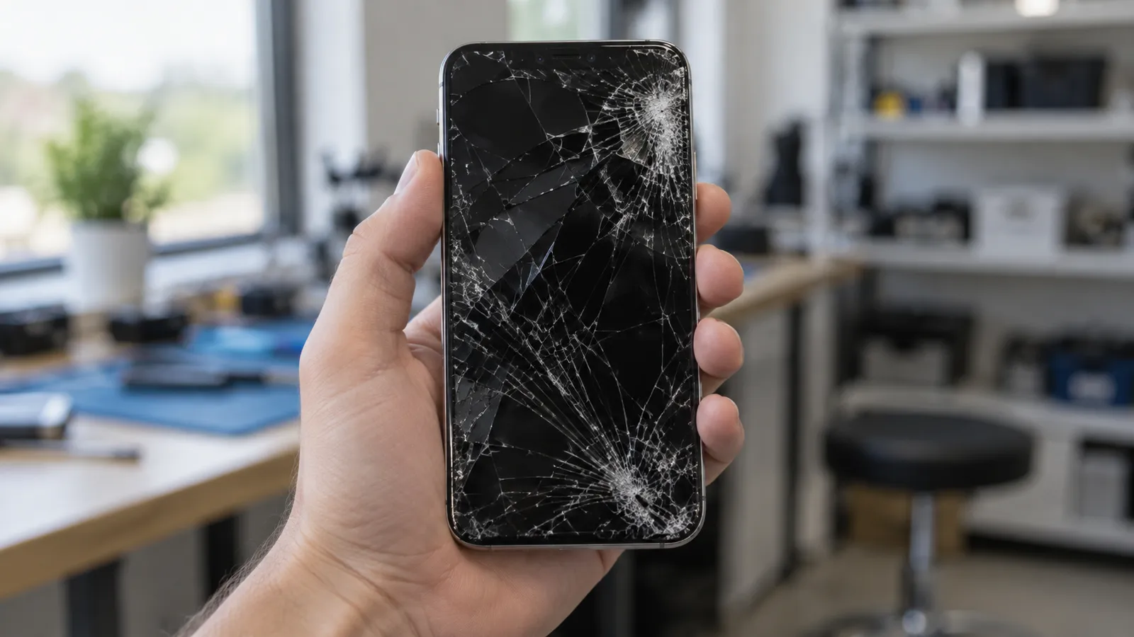 Celular con la pantalla rota en la mano