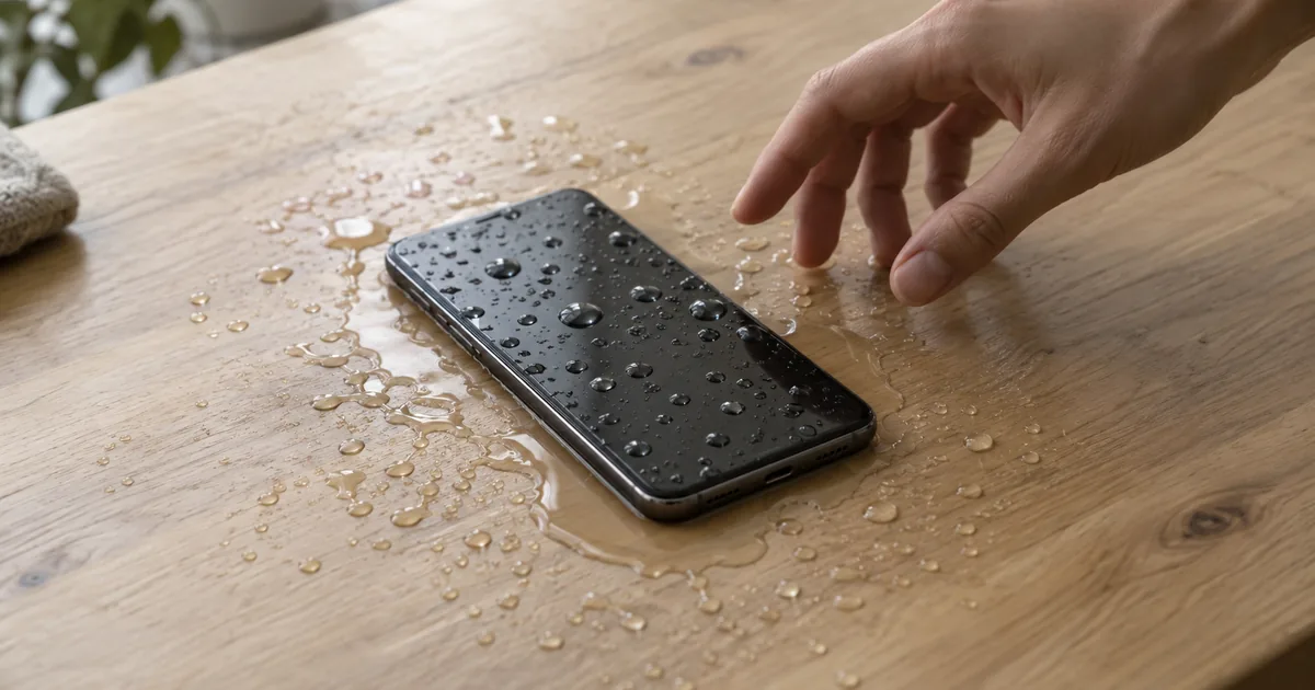 Celular mojado con gotas de agua sobre una mesa de madera y una mano por levantarlo