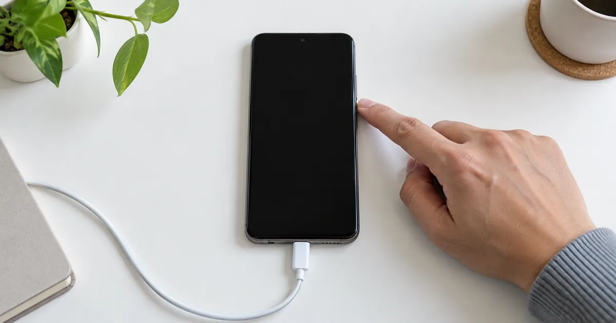 Celular con la pantalla negra conectado al cargador mientras una mano presiona el botón de encendido