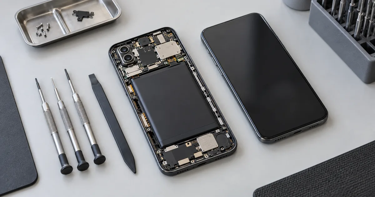 Celular abierto en una mesa de reparación junto a herramientas de precisión y otro celular