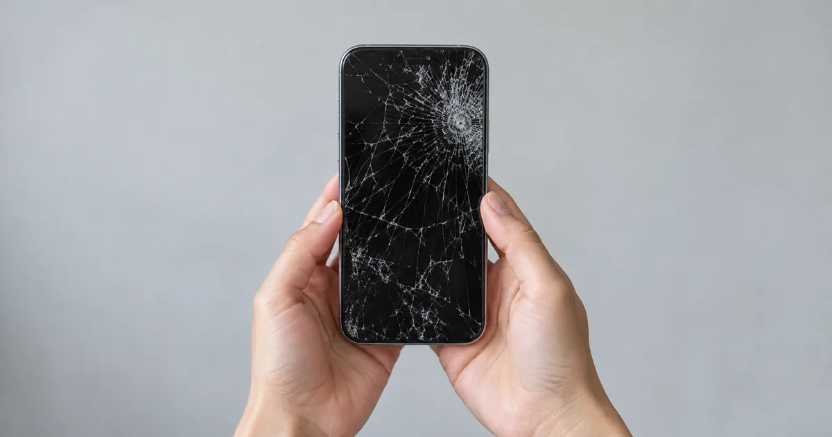 Manos sosteniendo un celular con la pantalla rajada, listo para el cambio de pantalla