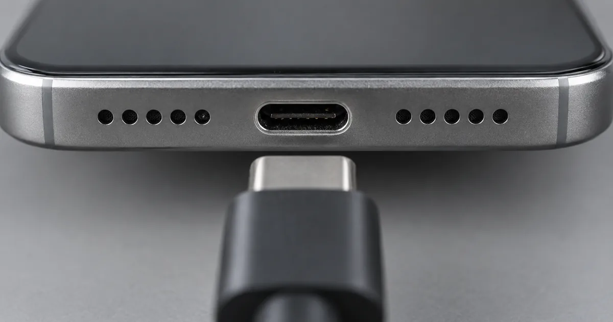 Primer plano del conector de carga USB-C de un celular con el cable a punto de entrar