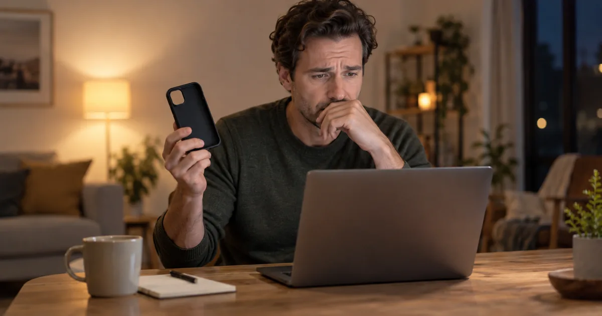 Persona preocupada frente a una computadora portátil tras perder su celular