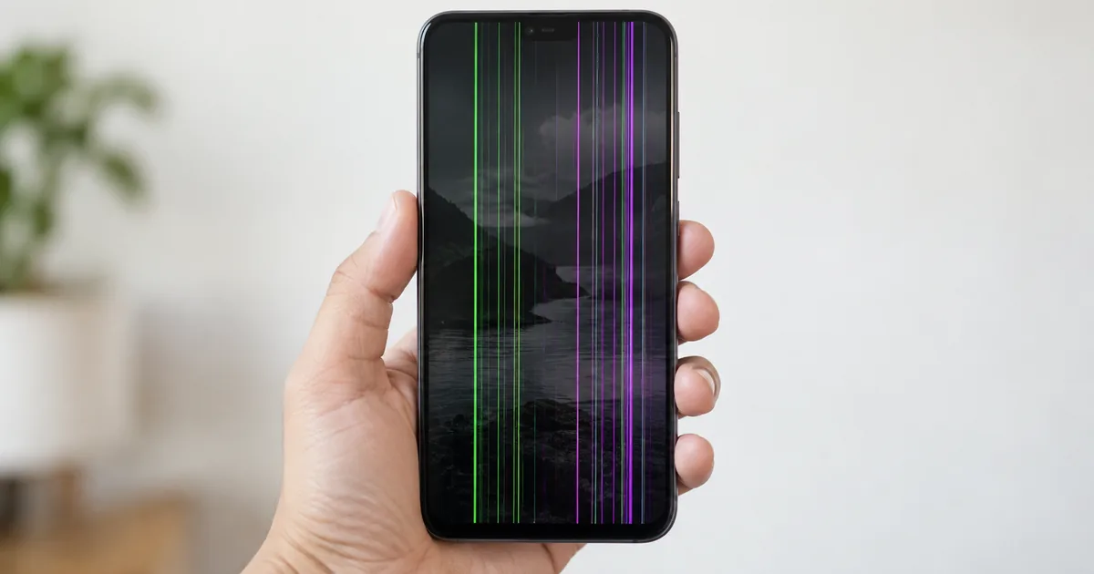 Celular en la mano con líneas verdes y violetas verticales en la pantalla